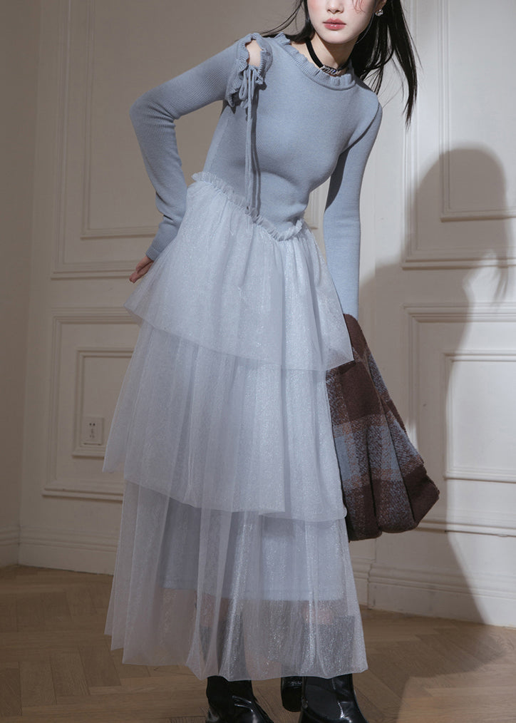 Slim Fit Blue Ruffled Up Tulle Patchwork Knit Long Dresses Fall 3