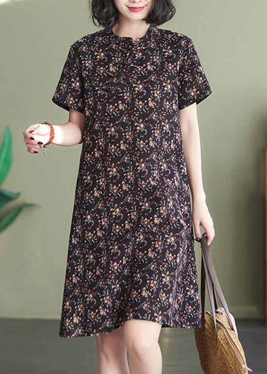 Slim Fit Coffee Stand Collar Print A Line Dresses Short Sleeve