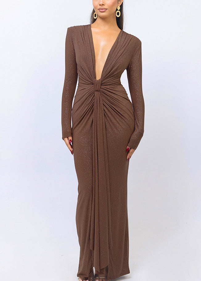 Glitter Deep V-Neck Long Sleeve Ruched Waist Drape Panel Bodycon Gown