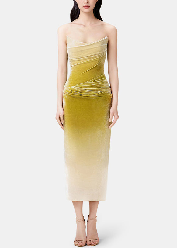 Velvet Strapless Ruched Bodycon Ombre Midi Dress