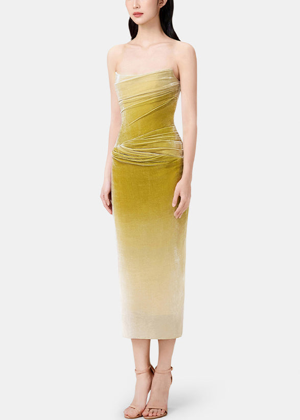 Velvet Strapless Ruched Bodycon Ombre Midi Dress
