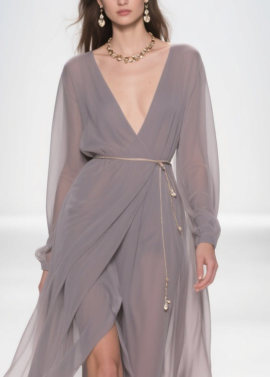 Chiffon Deep V-Neck Long Sleeve Wrap High Split Maxi Gown