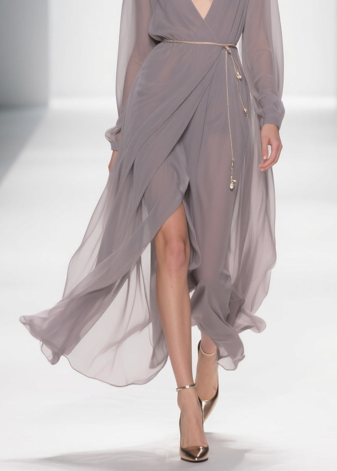 Chiffon Deep V-Neck Long Sleeve Wrap High Split Maxi Gown
