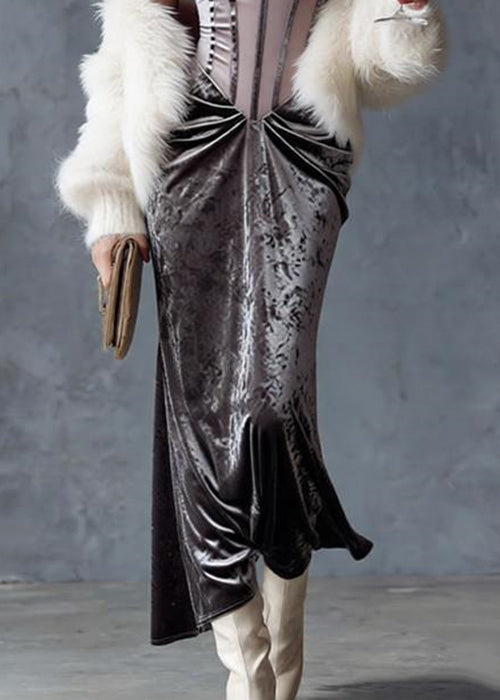 Velvet Corset Bodice Spaghetti Strap V-Neck Draped Maxi Gown
