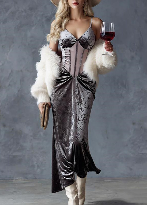 Velvet Corset Bodice Spaghetti Strap V-Neck Draped Maxi Gown
