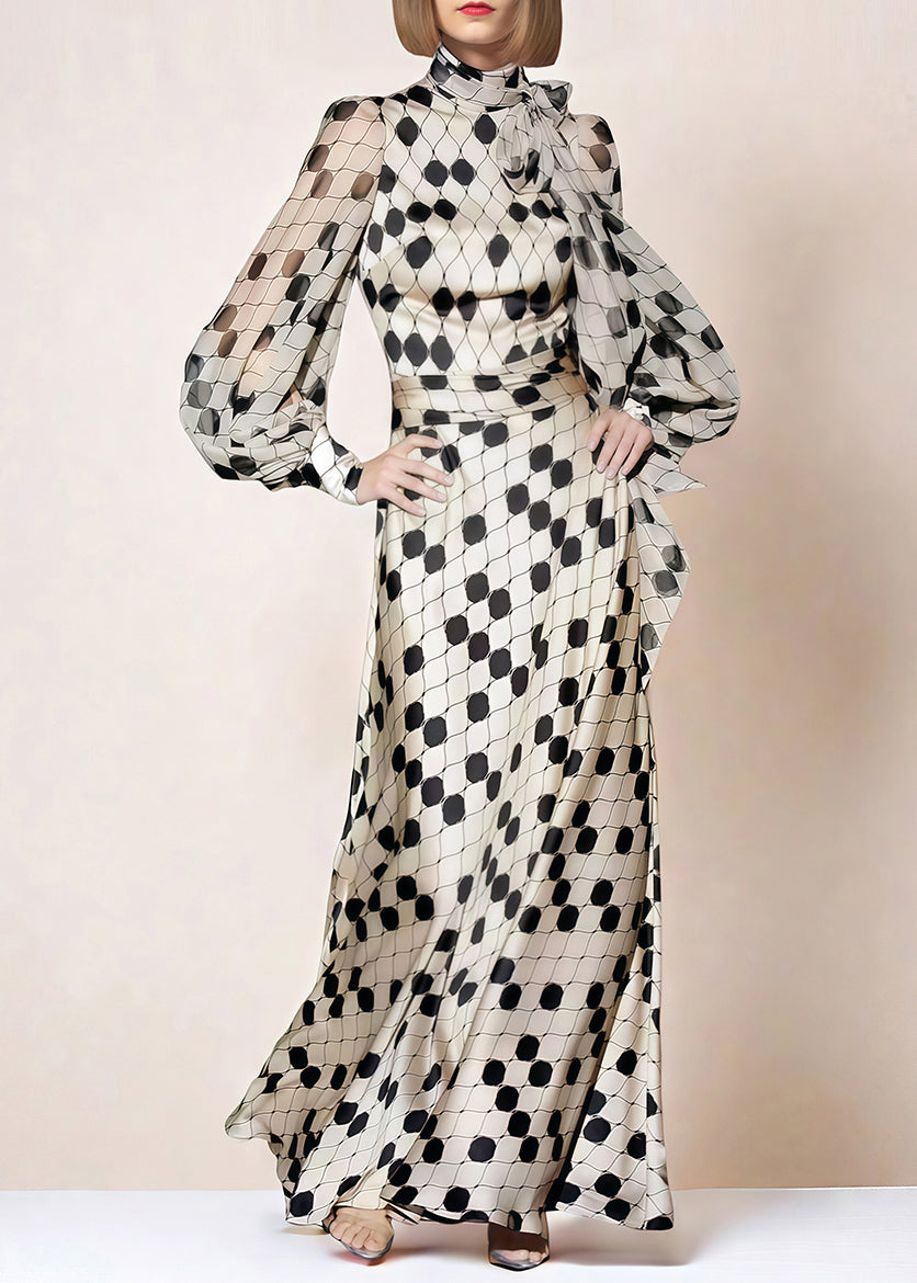 Polka Dot Lace Up Collar Balloon Sleeve Maxi Dress