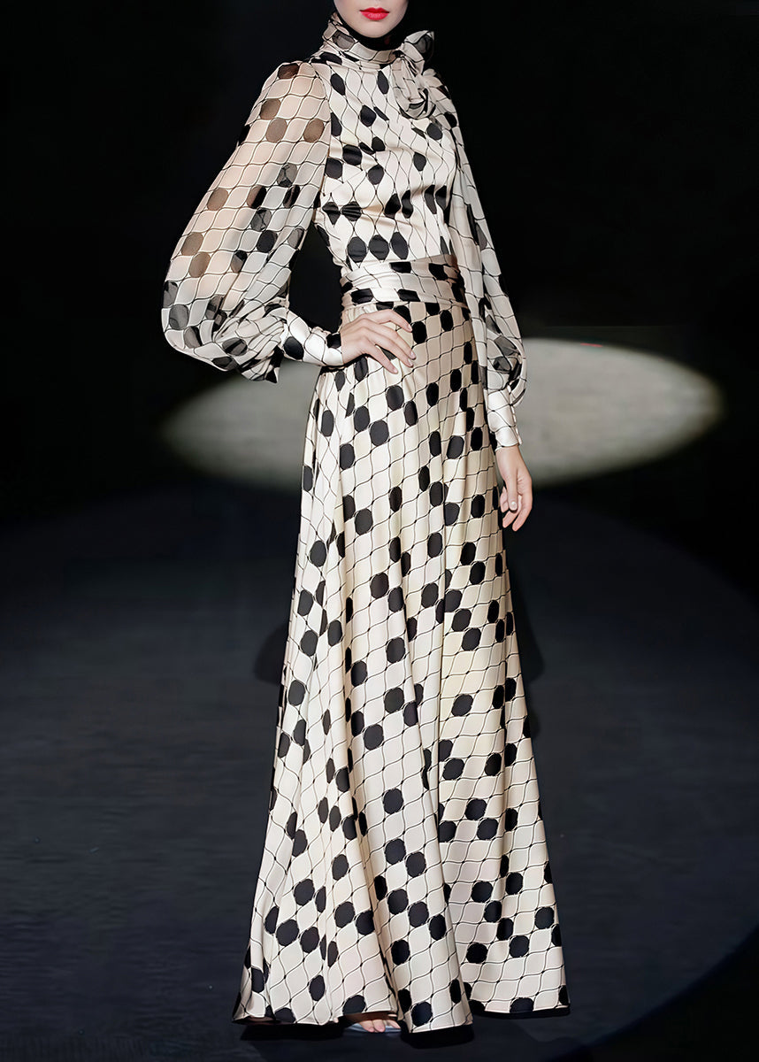 Polka Dot Lace Up Collar Balloon Sleeve Maxi Dress