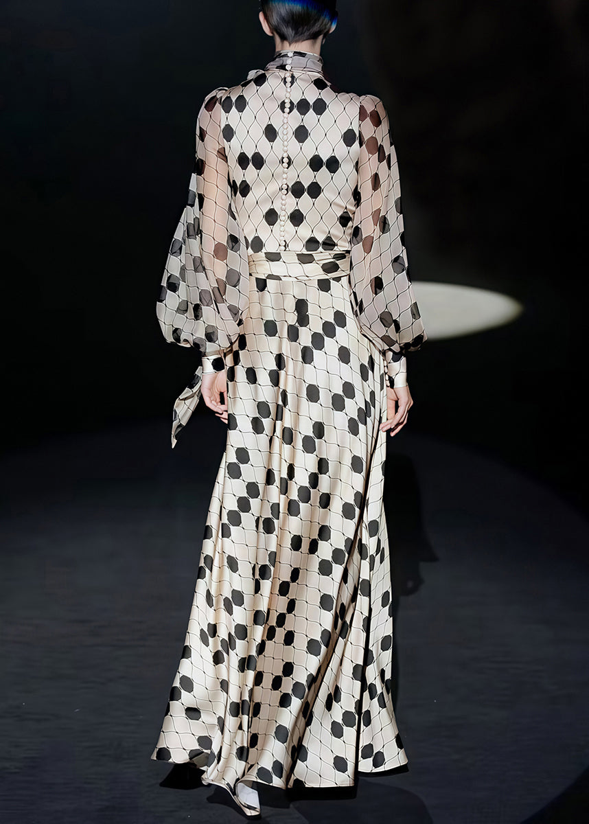 Polka Dot Lace Up Collar Balloon Sleeve Maxi Dress