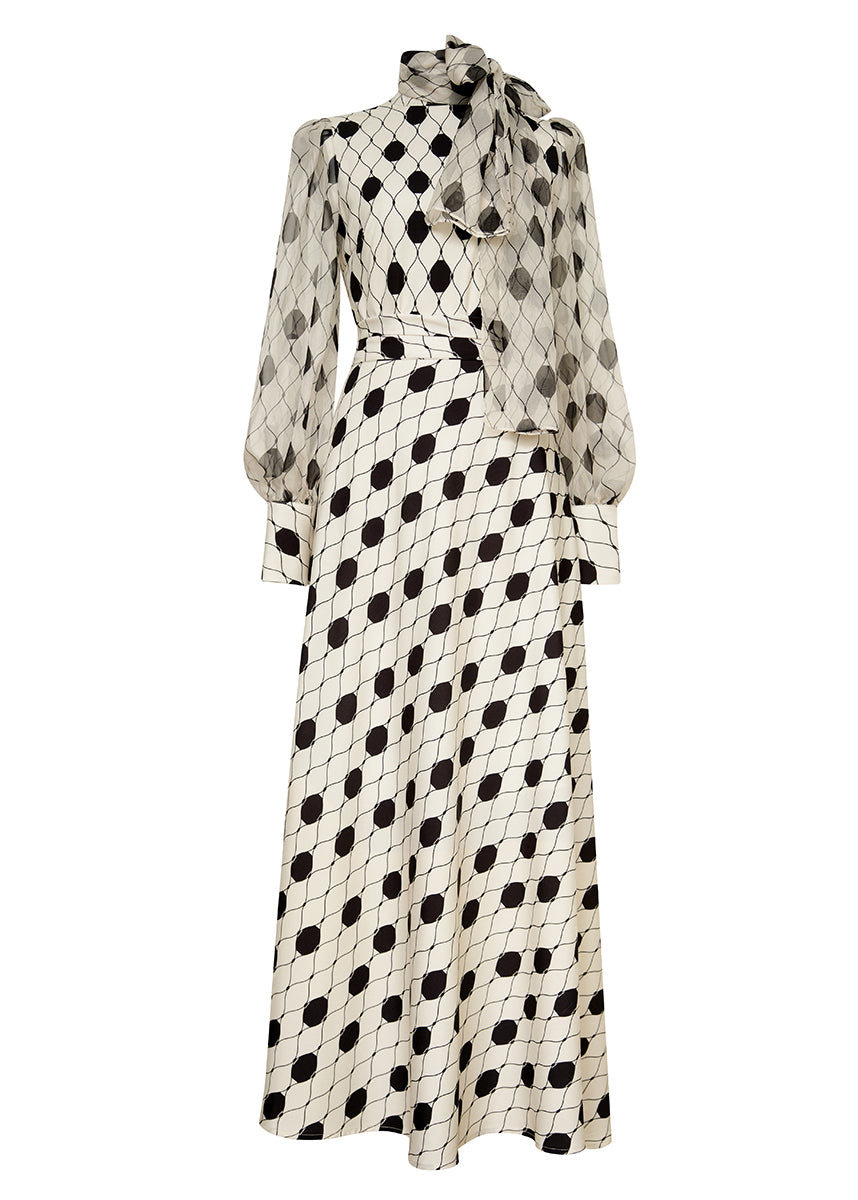 Polka Dot Lace Up Collar Balloon Sleeve Maxi Dress