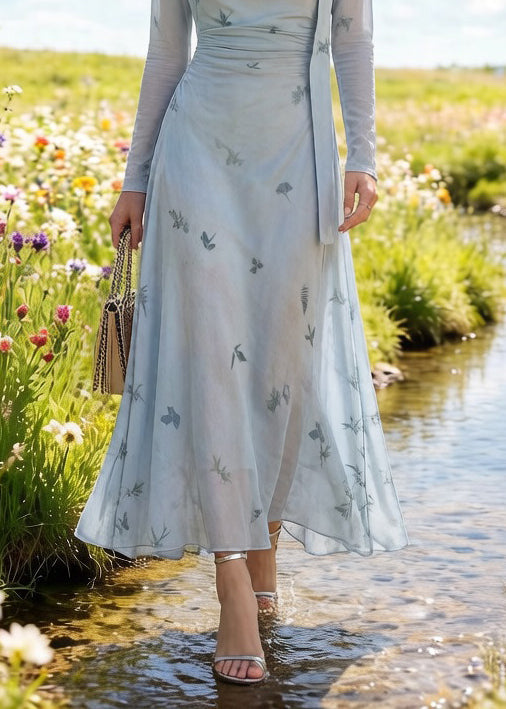 Cowl Neck Sheer Long Sleeve Ruched Waist Chiffon Maxi Dress