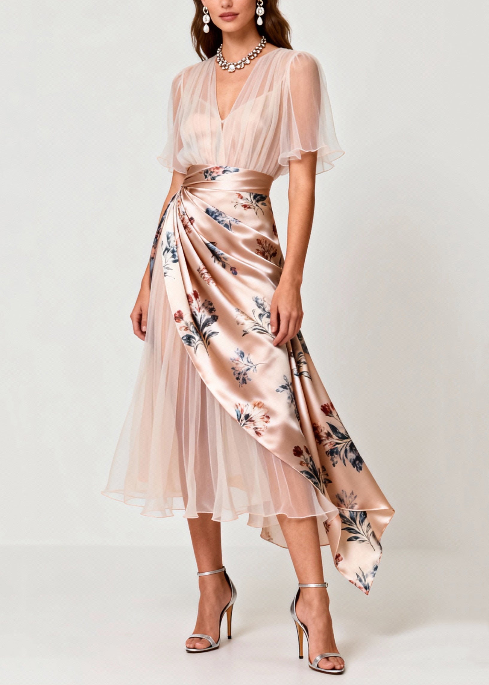 Floral Satin Sheer V-Neck Butterfly Sleeve Wrap Layered Tulle Midi Dress