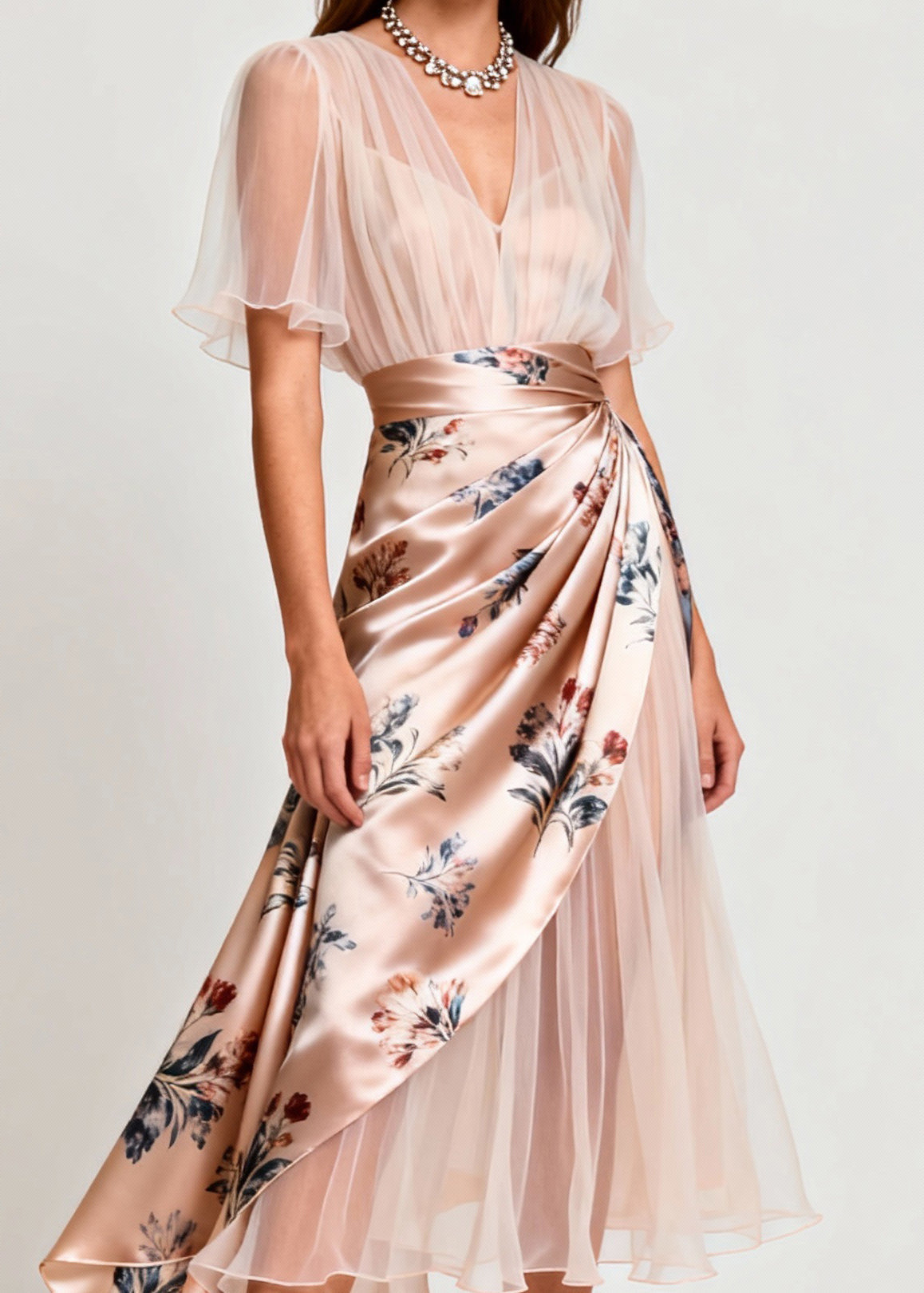 Floral Satin Sheer V-Neck Butterfly Sleeve Wrap Layered Tulle Midi Dress