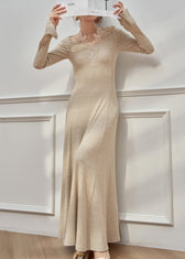 Slim Fit Oatmeal Lace Patchwork Knit Maxi Dresses Flare Sleeve