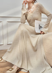 Slim Fit Oatmeal Lace Patchwork Knit Maxi Dresses Flare Sleeve 2