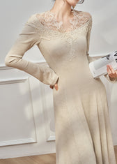 Slim Fit Oatmeal Lace Patchwork Knit Maxi Dresses Flare Sleeve 3