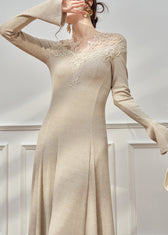 Slim Fit Oatmeal Lace Patchwork Knit Maxi Dresses Flare Sleeve 4