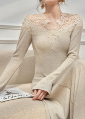 Slim Fit Oatmeal Lace Patchwork Knit Maxi Dresses Flare Sleeve 5