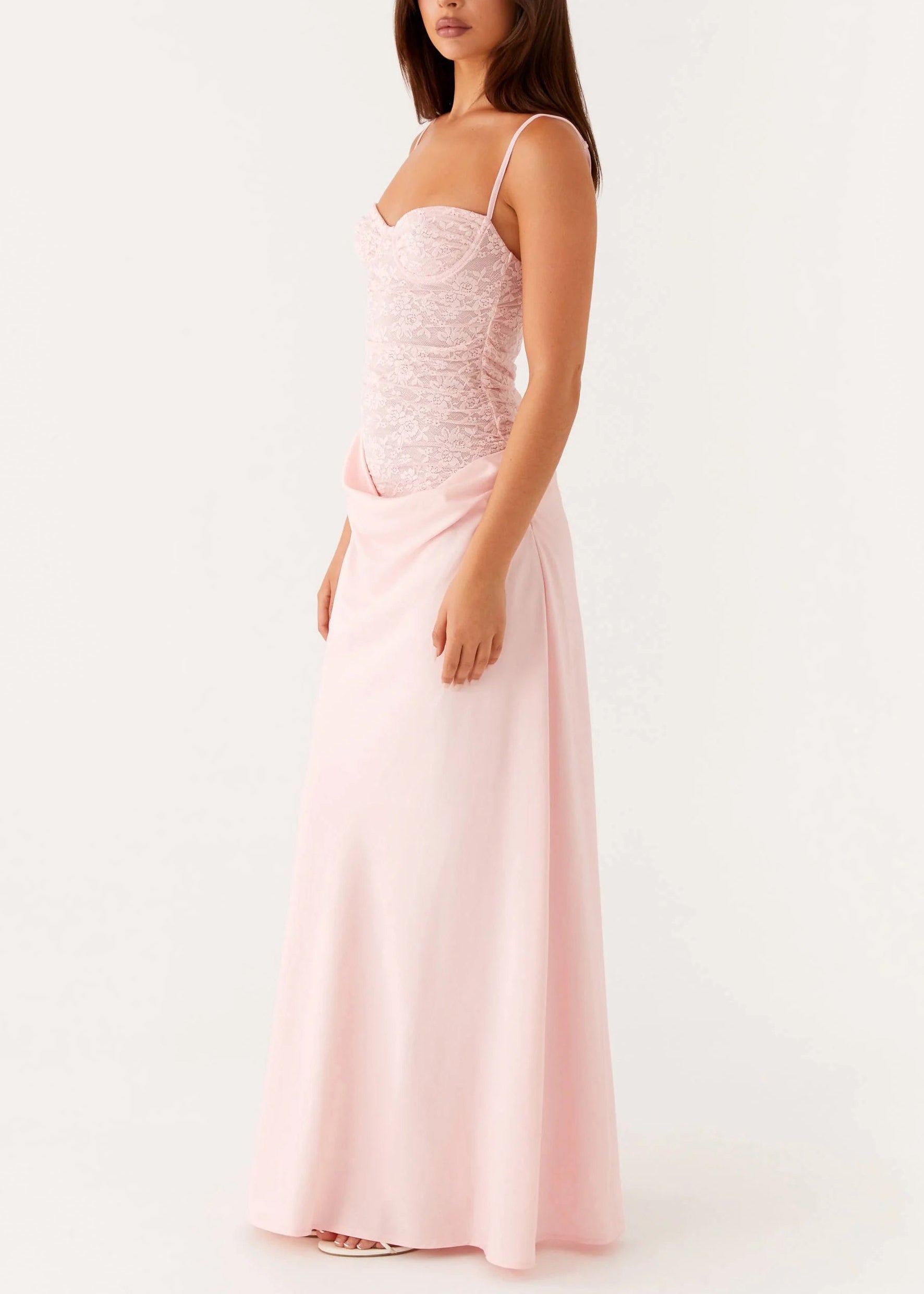 Lace Corset Cowl Drape Spaghetti Strap Column Maxi Gown