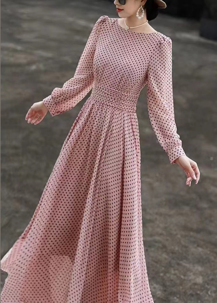 Polka Dot Chiffon Round Neck Long Sleeve Ruched Waist Maxi Dress
