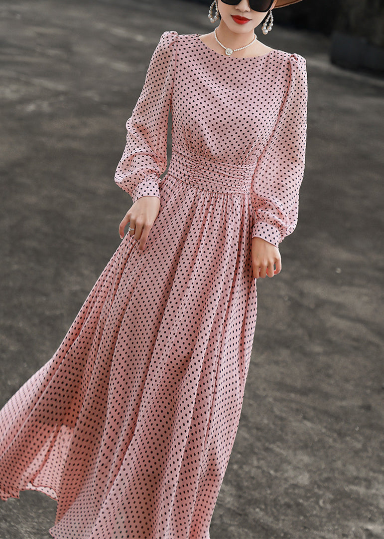 Slim Fit Pink Dot O Neck Chiffon Dresses Long Sleeve - View 2
