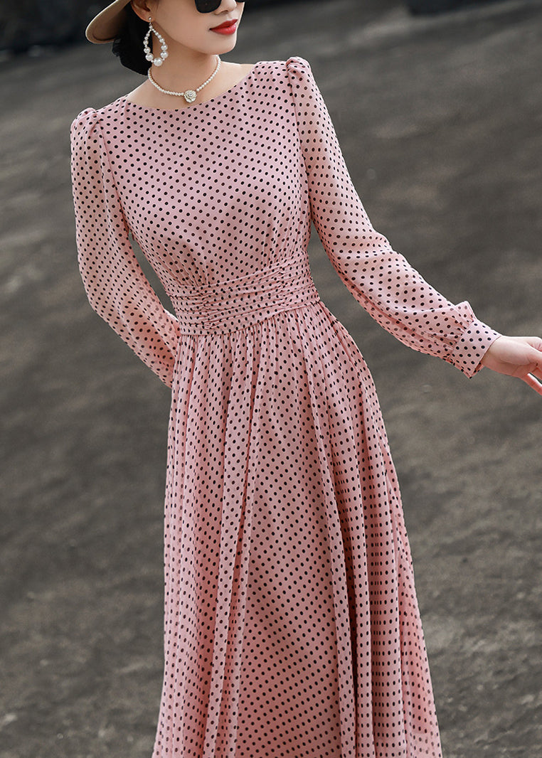 Slim Fit Pink Dot O Neck Chiffon Dresses Long Sleeve - View 3