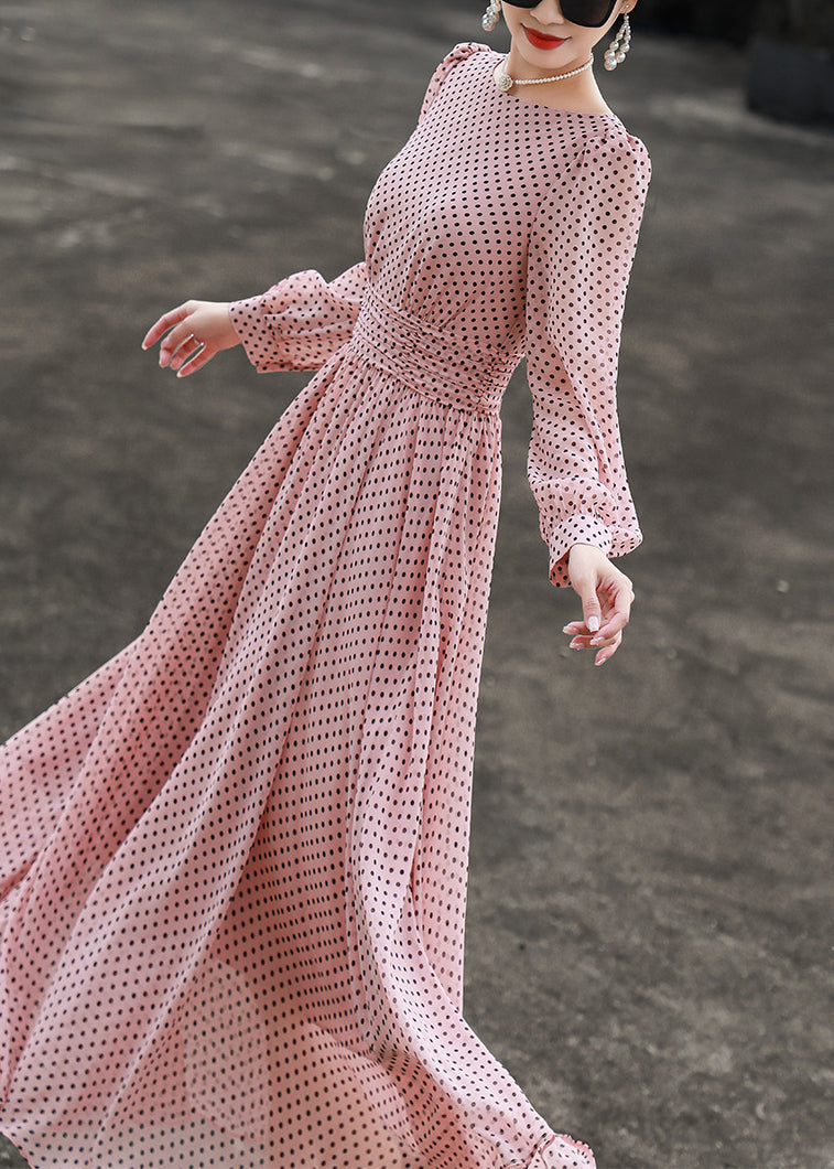 Slim Fit Pink Dot O Neck Chiffon Dresses Long Sleeve - View 4