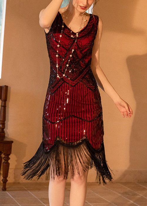 Sequin Beaded Art Deco Fringe Sleeveless Flapper Cocktail Dress