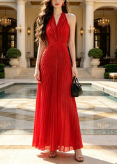 Slim Fit Red Wrinkled Solid Chiffon Maxi Dresses Summer 5