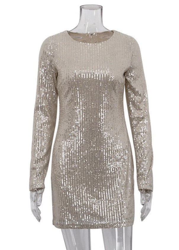 Sequin Long Sleeve Round Neck Bodycon Mini Dress