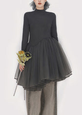 Slim Fit Smoky Gray Asymmetrical Tulle Patchwork Mini Dress Winter 2