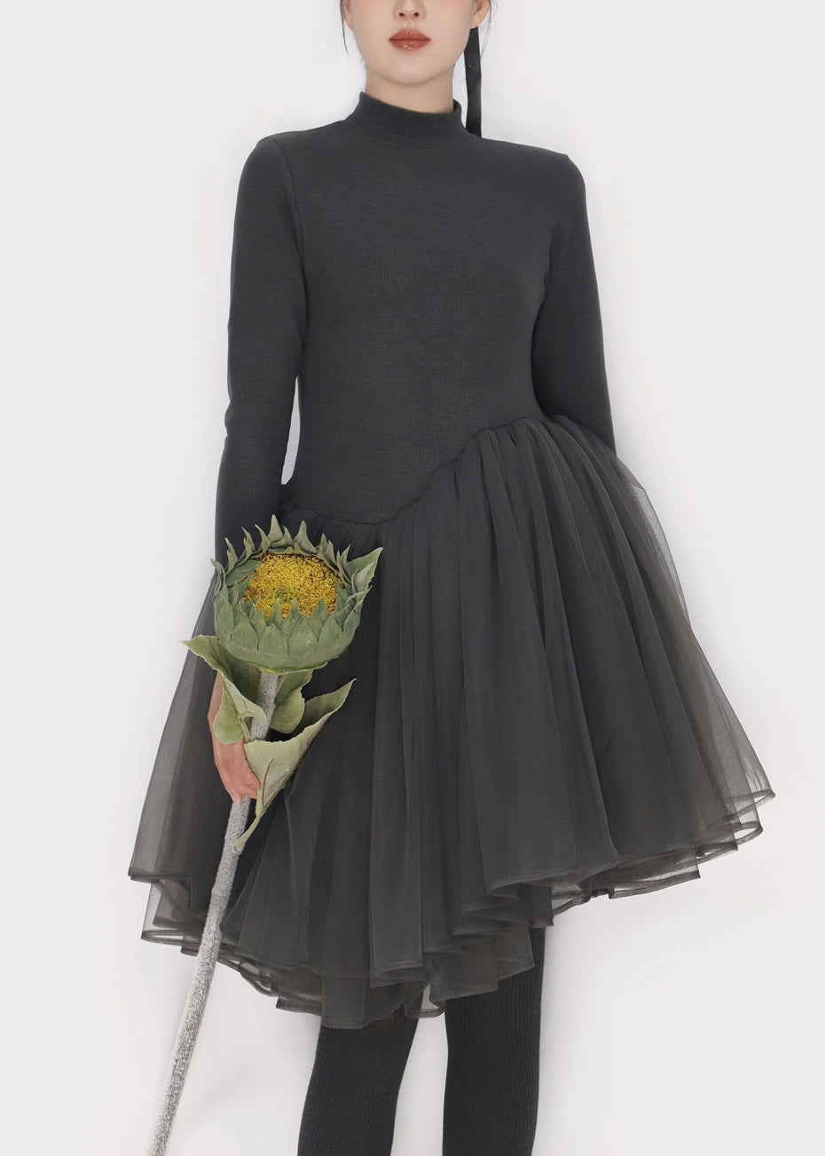 Slim Fit Smoky Gray Asymmetrical Tulle Patchwork Mini Dress Winter 3