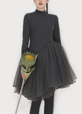 Slim Fit Smoky Gray Asymmetrical Tulle Patchwork Mini Dress Winter 3