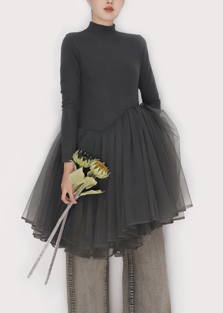 Slim Fit Smoky Gray Asymmetrical Tulle Patchwork Mini Dress Winter 4