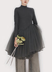 Slim Fit Smoky Gray Asymmetrical Tulle Patchwork Mini Dress Winter 4