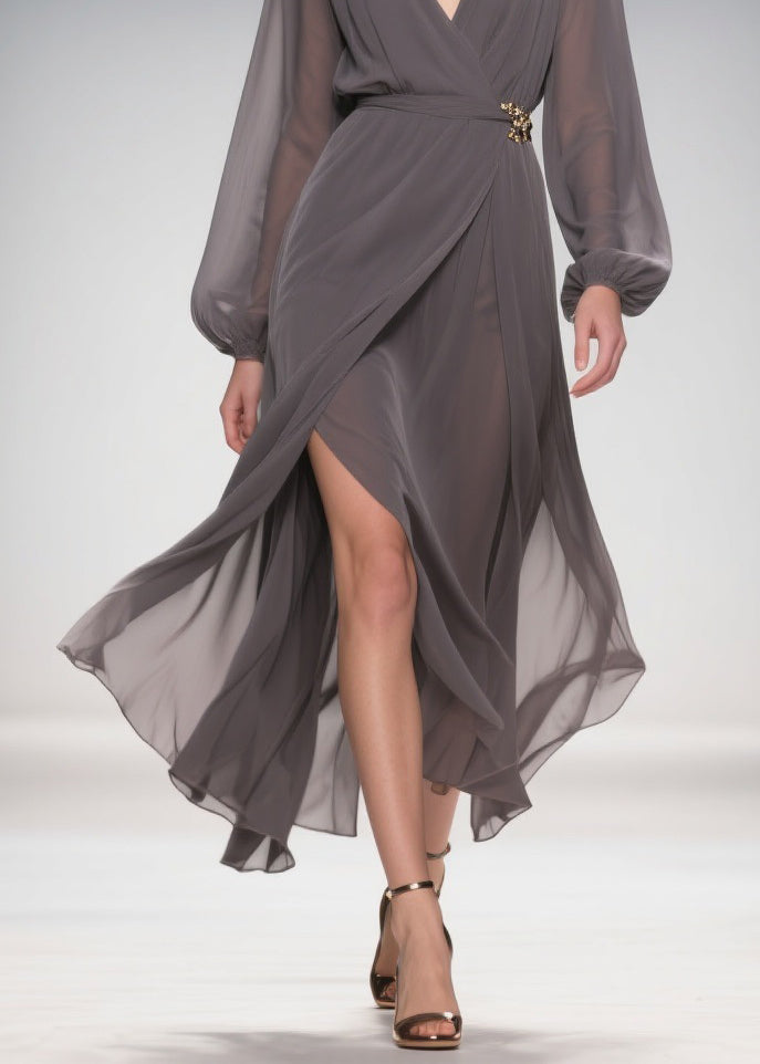 Chiffon Wrap Deep V-Neck Bishop Sleeve Jeweled Buckle Belt High Split Maxi Gown