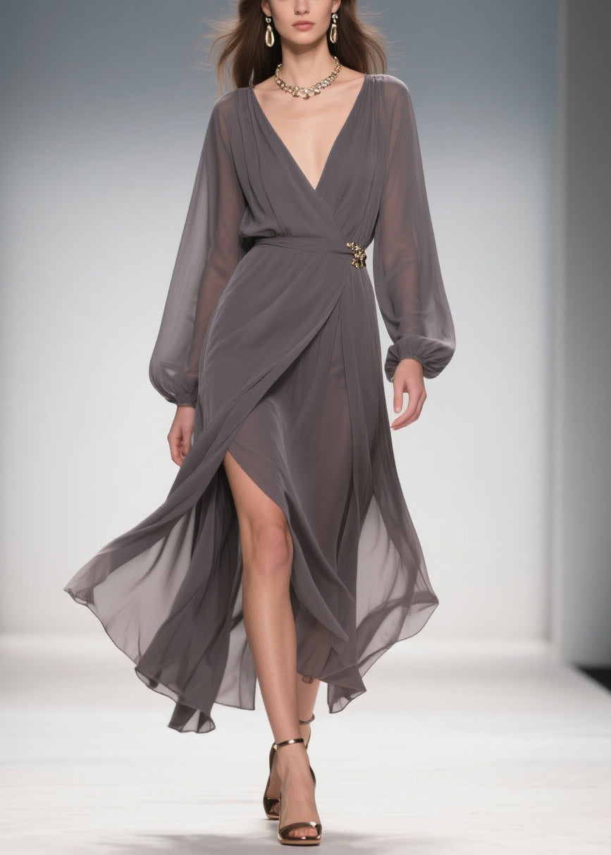 Chiffon Wrap Deep V-Neck Bishop Sleeve Jeweled Buckle Belt High Split Maxi Gown