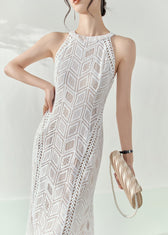 Slim Fit White Halter Hollow Out Lace Long Dresses Summer