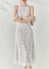 Slim Fit White Halter Hollow Out Lace Long Dresses Summer 2