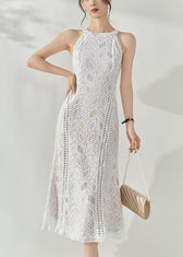 Slim Fit White Halter Hollow Out Lace Long Dresses Summer 3