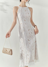 Slim Fit White Halter Hollow Out Lace Long Dresses Summer 4