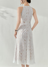 Slim Fit White Halter Hollow Out Lace Long Dresses Summer 5