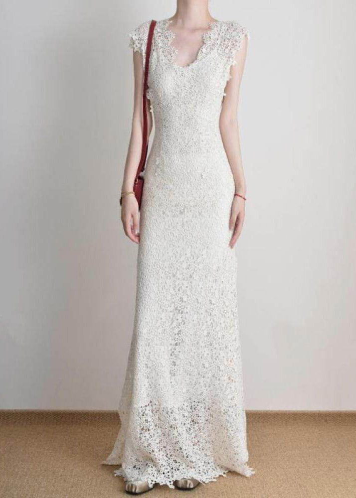 Crochet Lace V-Neck Cap Sleeve Slim Maxi Dress
