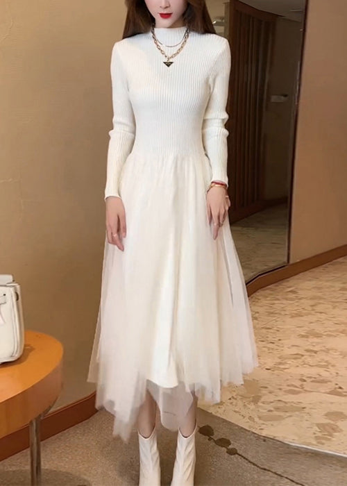 Tulle Layered Mock Neck Ribbed Knit Fit and Flare Midi Dress