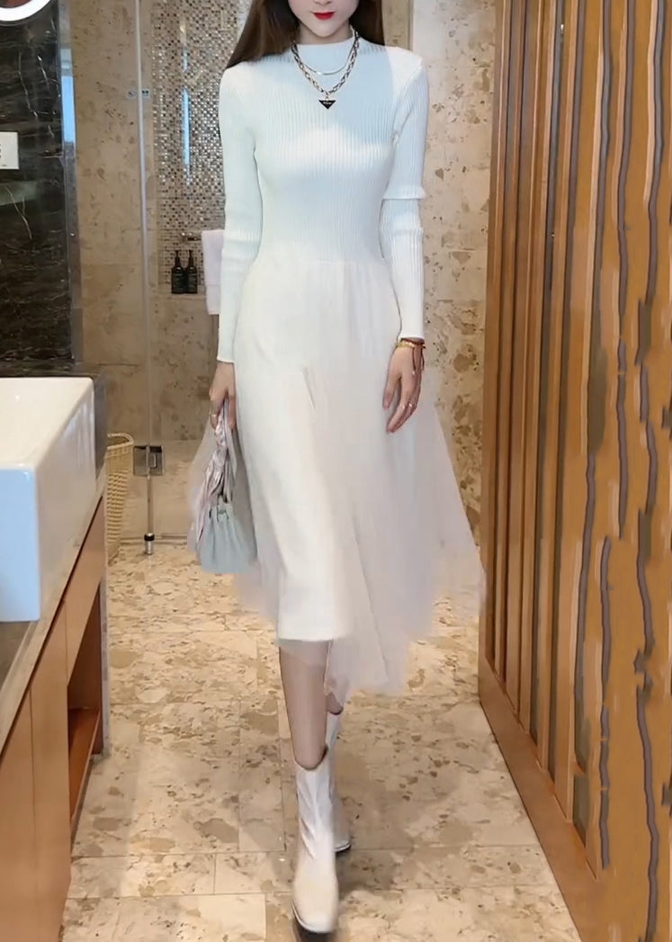 Tulle Layered Mock Neck Ribbed Knit Fit and Flare Midi Dress