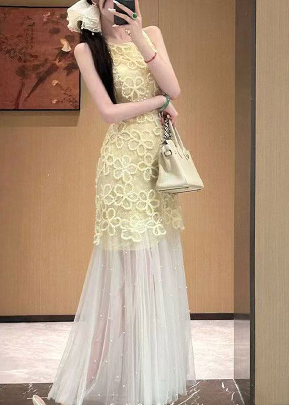 3D Floral Lace Sleeveless Round Neck Pearl Embellished Tulle Maxi Gown
