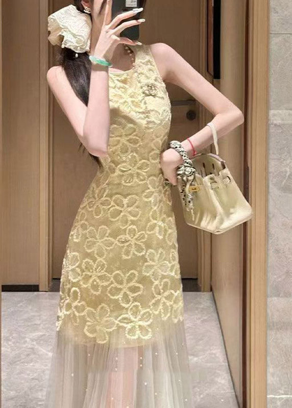 3D Floral Lace Sleeveless Round Neck Pearl Embellished Tulle Maxi Gown