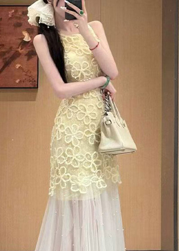 3D Floral Lace Sleeveless Round Neck Pearl Embellished Tulle Maxi Gown