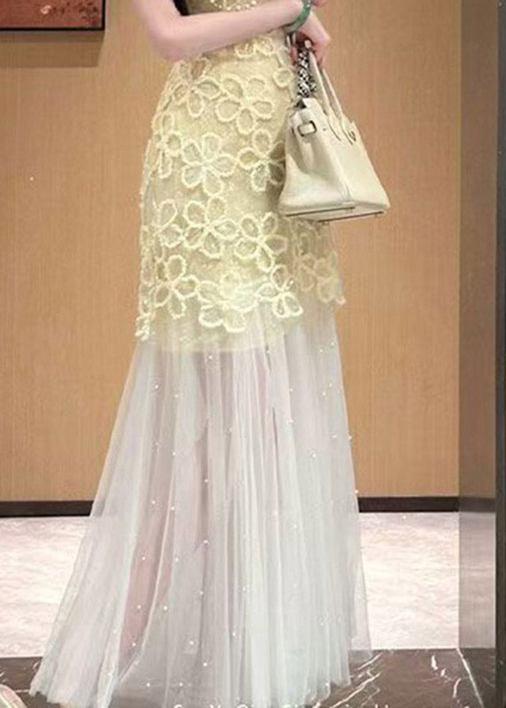 3D Floral Lace Sleeveless Round Neck Pearl Embellished Tulle Maxi Gown