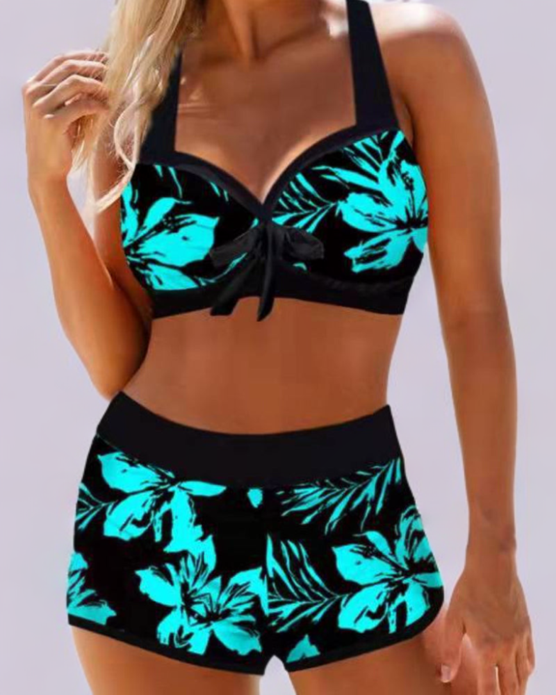 Floral Print Push Up Halter Boyshort Bikini Set