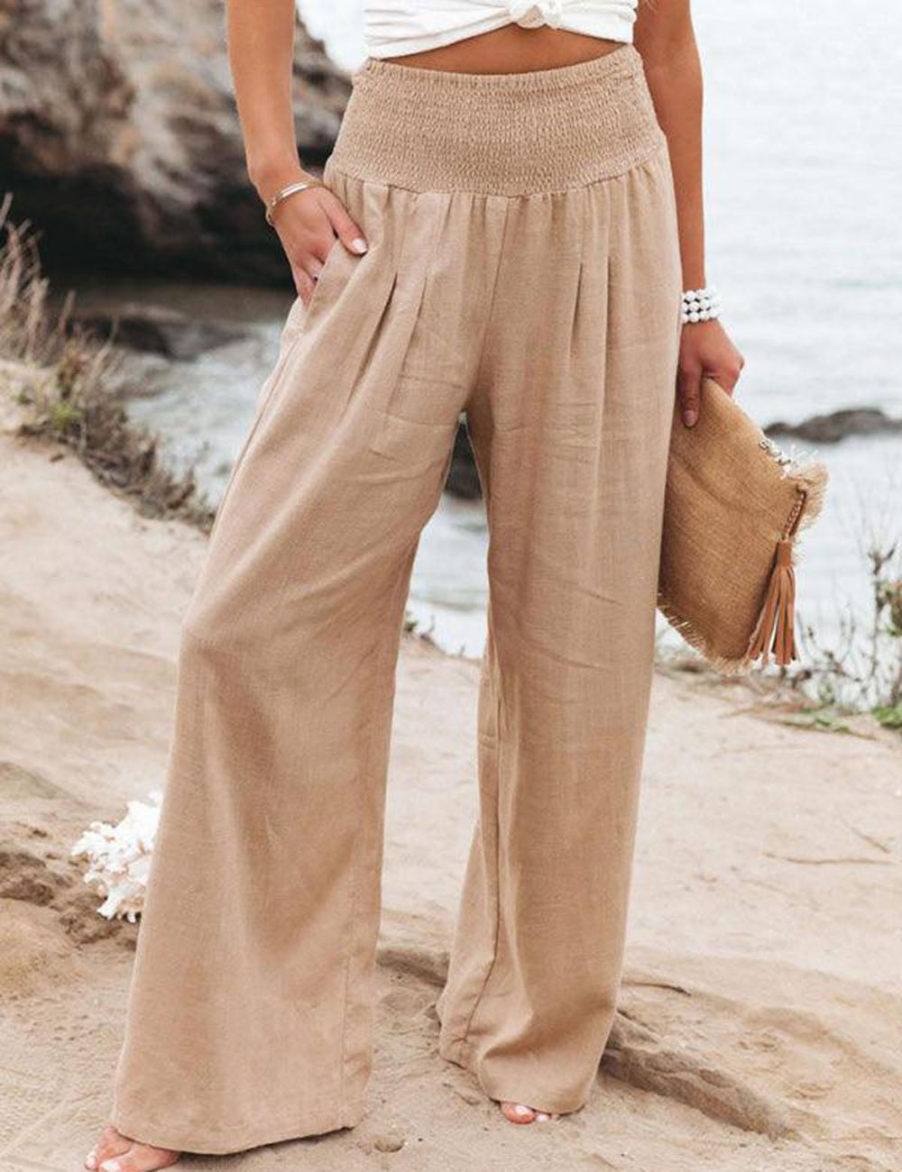 High Waist Smocked Waistband Wide Leg Linen Look Pants